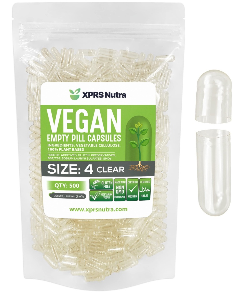 XPRS Nutra Velikost 4 Prázdné kapsle - 500 Počet čiré malé prázdné veganské kapsle - DIY Zeleninové kapsle Plnicí - Vyplnitelné Do- It- Yourself Veggie Pill Caps pro doplňky