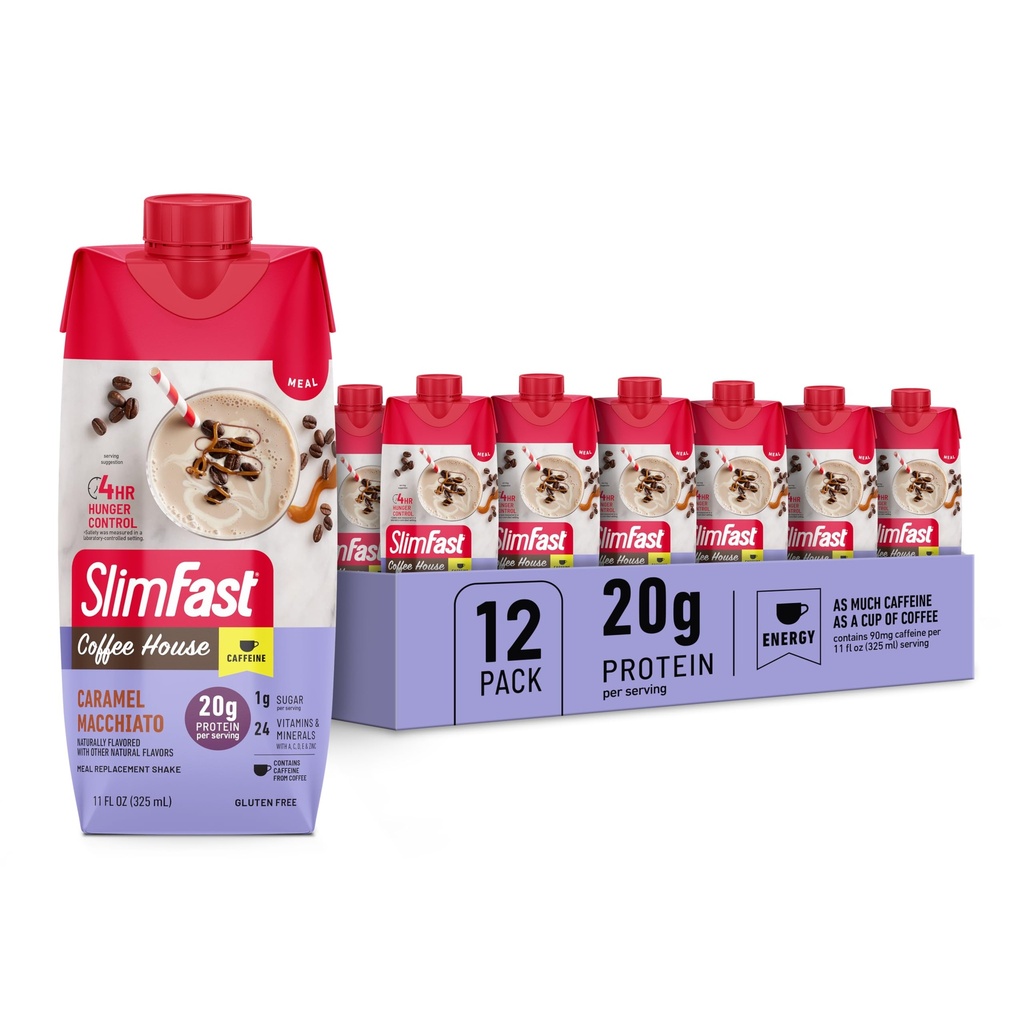 SlimFast protein Shake s kofeinem, karamelové makchiato- 20g protein, stravovací třesky, vysoký protein s nízkým obsahem sacharidů a nízkým cukrem, 24 vitamínů a minerálů, 12 Počet (balení po 1)