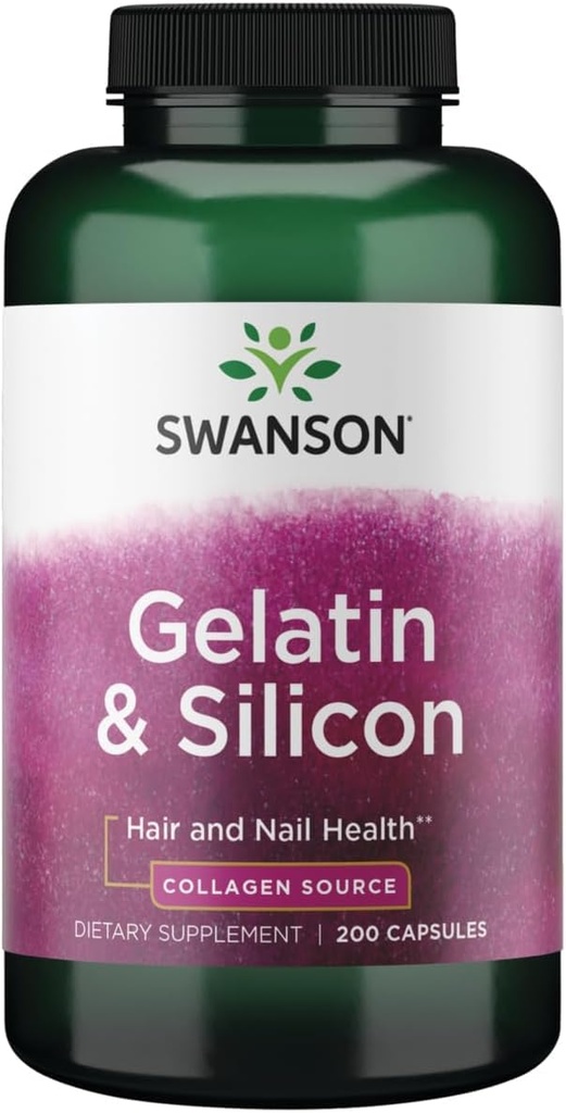 Swanson Gelatin and Silicon - Kolagenové proteiny podporující zdravé vlasy a nehty - Pomáhá dodávat minerály pro silné nehty a tlusté vlasy - 20mg Silicon a 1.08 Grams Gelatin - (200 Kapsle)