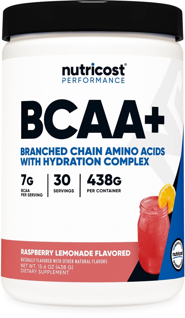 Nutricost BCAA + Hydration Powder (Raspberry Lemonade) 30 Servings - Branched Chain Amino Acids with Hydration Complex - Gluten- Free, Non- GMO