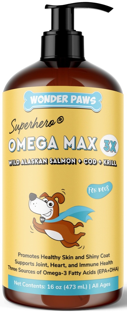 Wonder Paws Fish Oil for Dogs - Omega 3 pro psy z aljašského lososa, Cod & Krill Oil - EPA DHA Fatty Acids - Menší svlékání a svědění - Kůže, kloub, imunitní a srdeční zdraví - tekutý dodatek (16 oz)