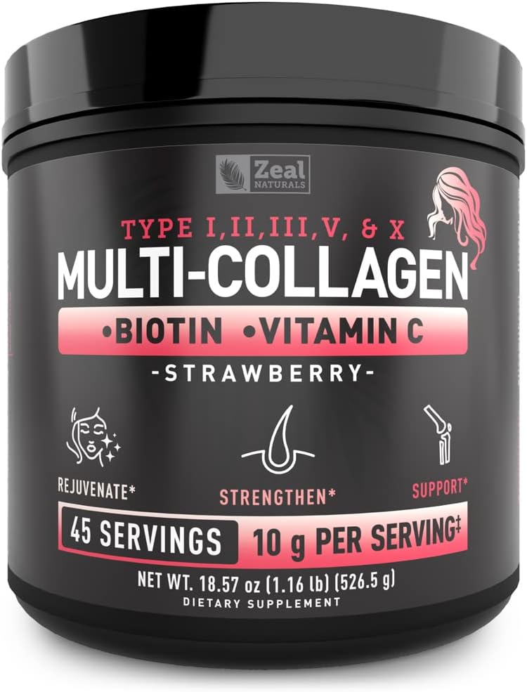 Premium Multi kolagen Peptides Protein Powder (1, 2, 3, 5 & 10) s vitamínem C, Biotin, Hyaluronic acid, pro vlasy kůže a hřebíky - Marine, hovězí, kuře & Eggshell (Strawberry, 45 Servings)