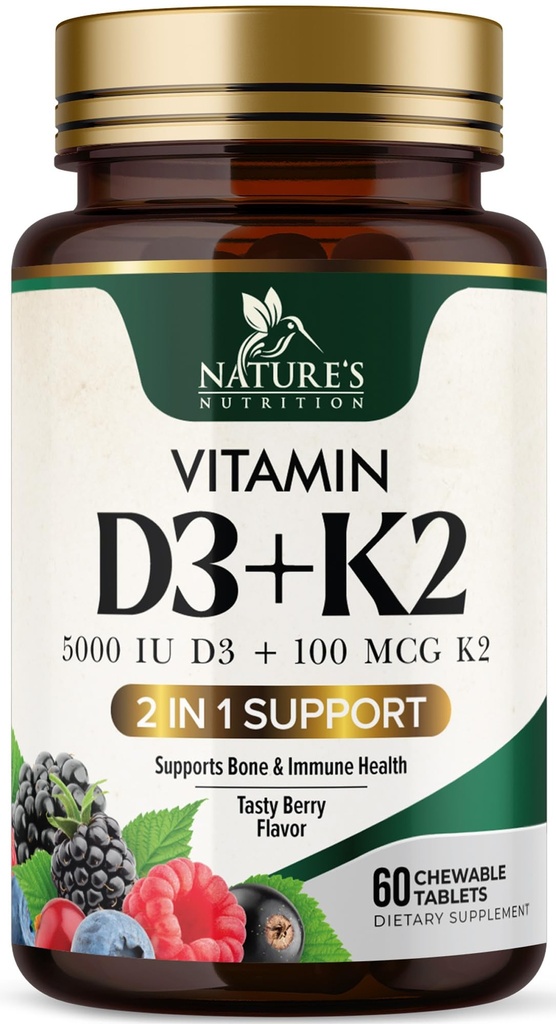 Vitamin D3 K2 dodatek CLAS124; 5000 IU D3 + K2 100 mcg CLAS124; MK-7 K2 s vitaminem D CLAS124; Podporuje imunitní, srdce, zuby a zdraví kostí - Příroda snadno žvýkat, VIT D3 K2, Non- GMO, Tasty Berry Flavor - 60 Tablet