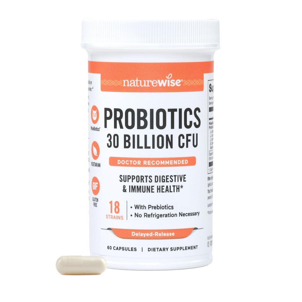 NatureWise Max Probiotika pro ženy a muže - 30 miliard CFU 18 Strains With Prebiotics - For Gut & Digestive Health - Delmayed- Release Capsules, Gluten Free - 60 Kapsle [2-Month Supply]