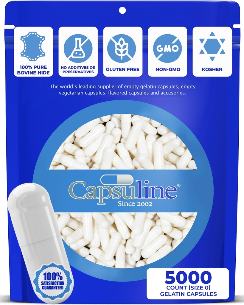 Capsuline Barevné velikosti 0 Prázdné želatiny Kapsle bílé / bílé 5000 Počet 124; Vyrobeno v Severní a Jižní Americe 124; Kosher & Halal Certified Capsule 124; Gluten zdarma