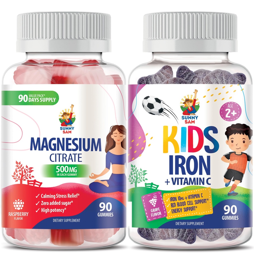 SUNNY SAM Železné gumy pro děti a dospělé a hořčíkové gumy pro dospělé - 500mg - klidové žvýkačky hořčíku - Magnesium Citrát Žvýkací doplněk pro Mood & Muscle Supplement. Železné vitaminy s vitaminem C.