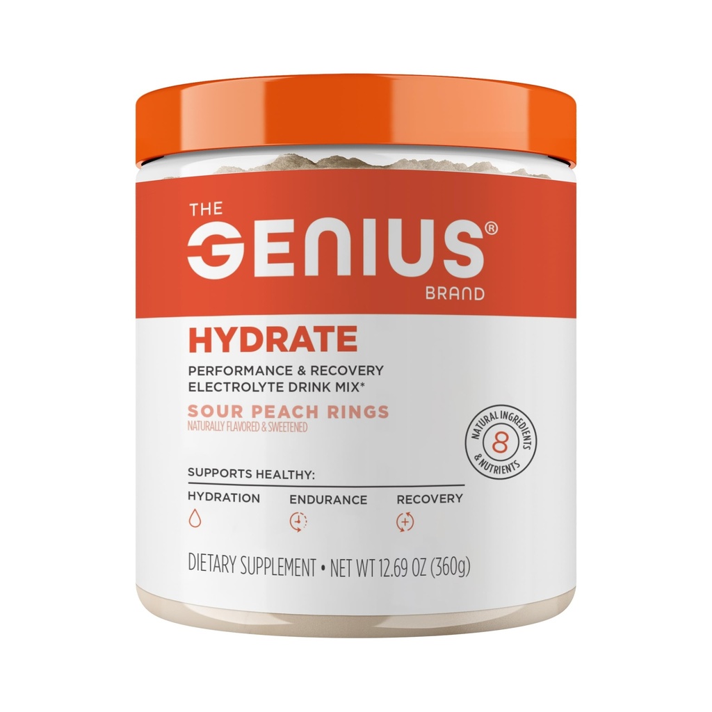 Geniální Brand Genius Hydrate - Electrolyte Supplement for Daily Hydration - Coconut Water - Sugar- Free - 8 Esenciální minerály a živiny - Non- GMO - Sour Peach Rings - 50 Služeb