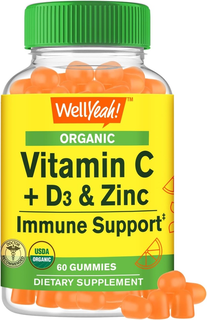 WellYeah Organic Vitamin C + D3 + Zinkové gumy - Imunitate Boosting, Antioxidant- Rich, and Bone Health Supporting, USDA Organic, Vegan, and Non- GMO - Gluten- Free, Nut- Free Gummy - 60 Počet