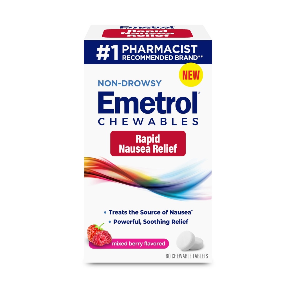 Emetrol Non- Drowsy Nausea Relief - Chewable Medicine for Upset Stomach - Pharmaceutical Doporučené Nausea Relief - Mixed Berry Flavor, 60 Tablety