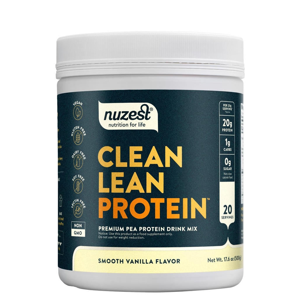 Nuzest - Pea Protein Powder - Clean Lean Protein, Premium Vegan Plant based, Dairy Free, Gluten Free, GMO Free, Přirozeně slazený protein Shake, hladká vanilka, 20 Služení, 1,1 lb