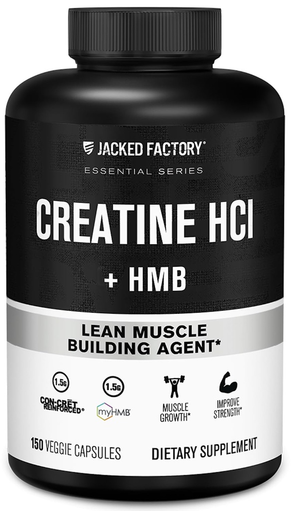Jacked Factory Creatine HCL + HMB Kapsle - Synergistický CON- CRET, myHMB, & Vitamin D Formule pro lepší růst, sílu, & snížení svalového zhroucení - 150 Kapsle
