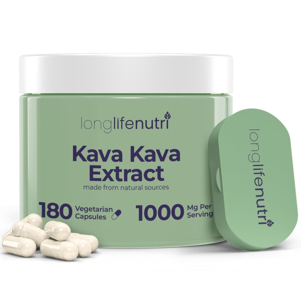 Kava Kava Extract Supplements 1000mg Supplementary 124; Přírodní Byliny 124; Vysoké úrovně Piper Methysticum a Kavalaktones 124; 180 Vegetariánské kapsle