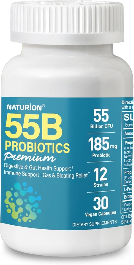 55B Probiotika Premium - 55 miliard CFU, 12 Strava, 185mg Prebiotické - Imunitní podpora, Digestive & Gut Zdraví - Podporuje příležitostné zácpy, plyn & Bloating - 30 Veganské kapsle, 30 denní zásobování