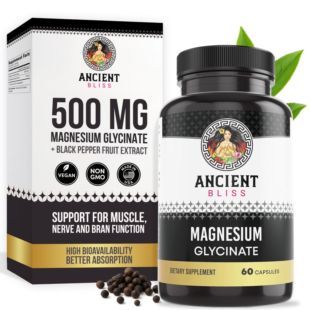 Starověké Bliss Magnesium Glycinát pro svaly a nervy, Dědičný a imunitní Supplement, Hořčík Dodatek pro ženy a muže (60 Kapsle)