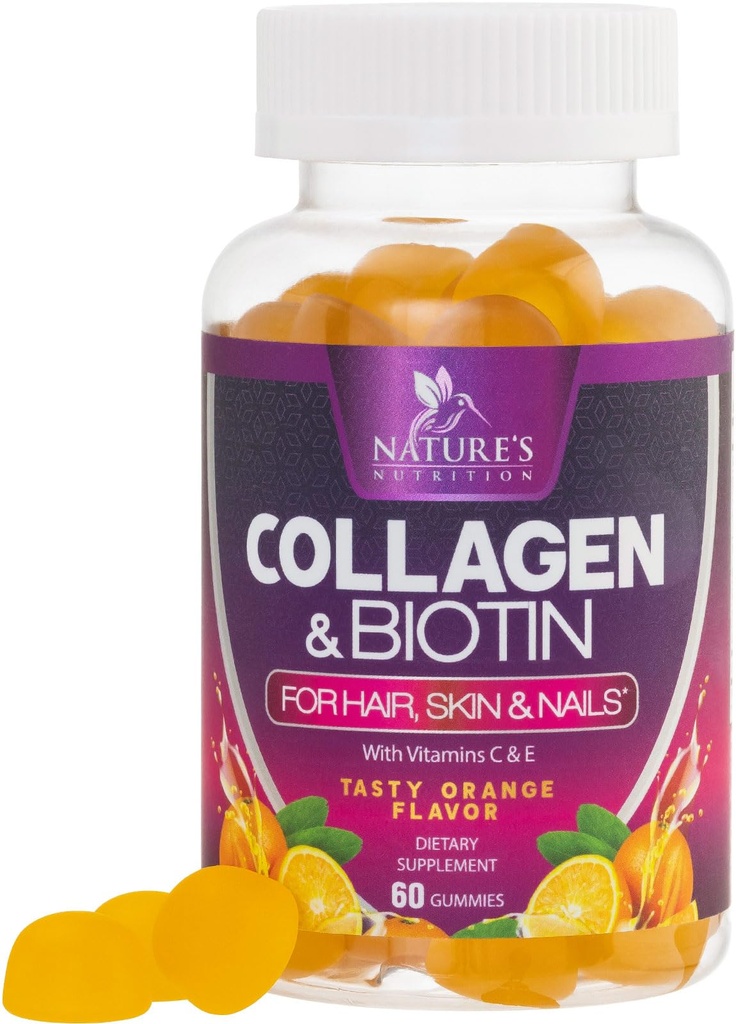 Kolagenové žvýkačky s 2500mcg Biotin, Vitamin C & Zinc - Hydrolyzovaný kolagen Peptid Typ 1 & 3 Doplněk - Pokročilé vlasy, kůže a nehty Podpora růstu pro ženy a muže, Lepek zdarma, Non- GMO - 60 Počet