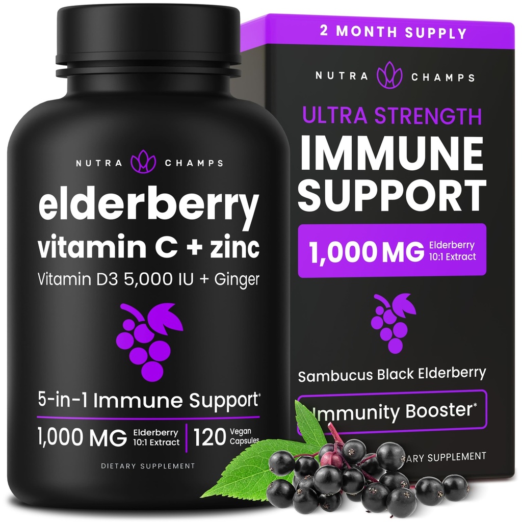 NutraChamps Elderberry s vitaminem C a zinkem - 5 v 1 Dodatek k imunitě, 10,000mg Sambucus Black Elderberry Kapsle s vitaminem D3 5000 IU, Sambucus Elderberry Extract Imunitní podpora pro dospělé