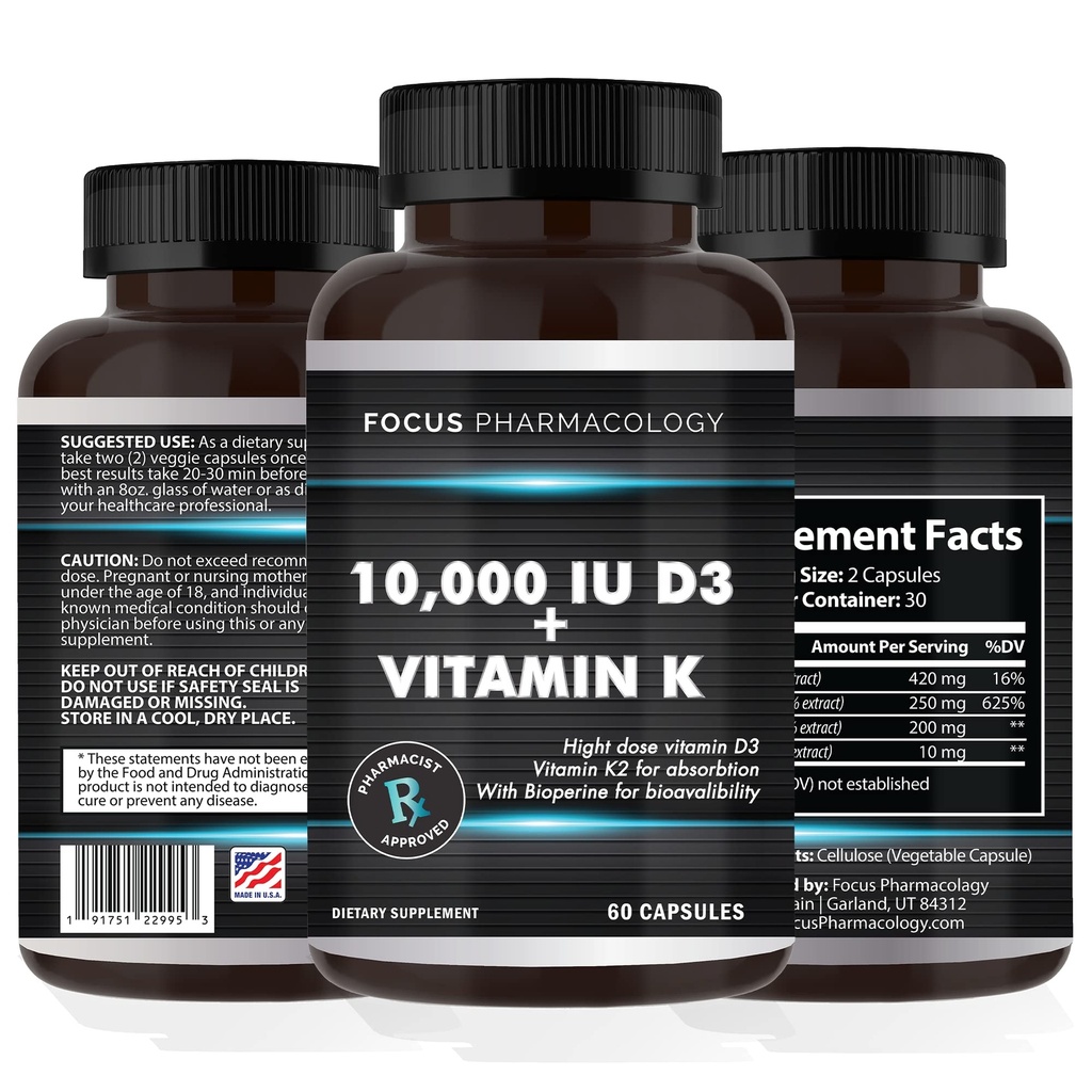 Vitamin K2 s doplňkem D3 Extra Pevnost Kostní 124; Heart Health Non- GMO Formule 10.000 IU Vitamin D3 & 200 mcg Vitamin K2 (MK7) Vitamin 124; Snadno spolknout Vitamin K & D, 60 Kapsle