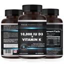 Vitamin K2 s doplňkem D3 Extra Pevnost Kostní 124; Heart Health Non- GMO Formule 10.000 IU Vitamin D3 & 200 mcg Vitamin K2 (MK7) Vitamin 124; Snadno spolknout Vitamin K & D, 60 Kapsle