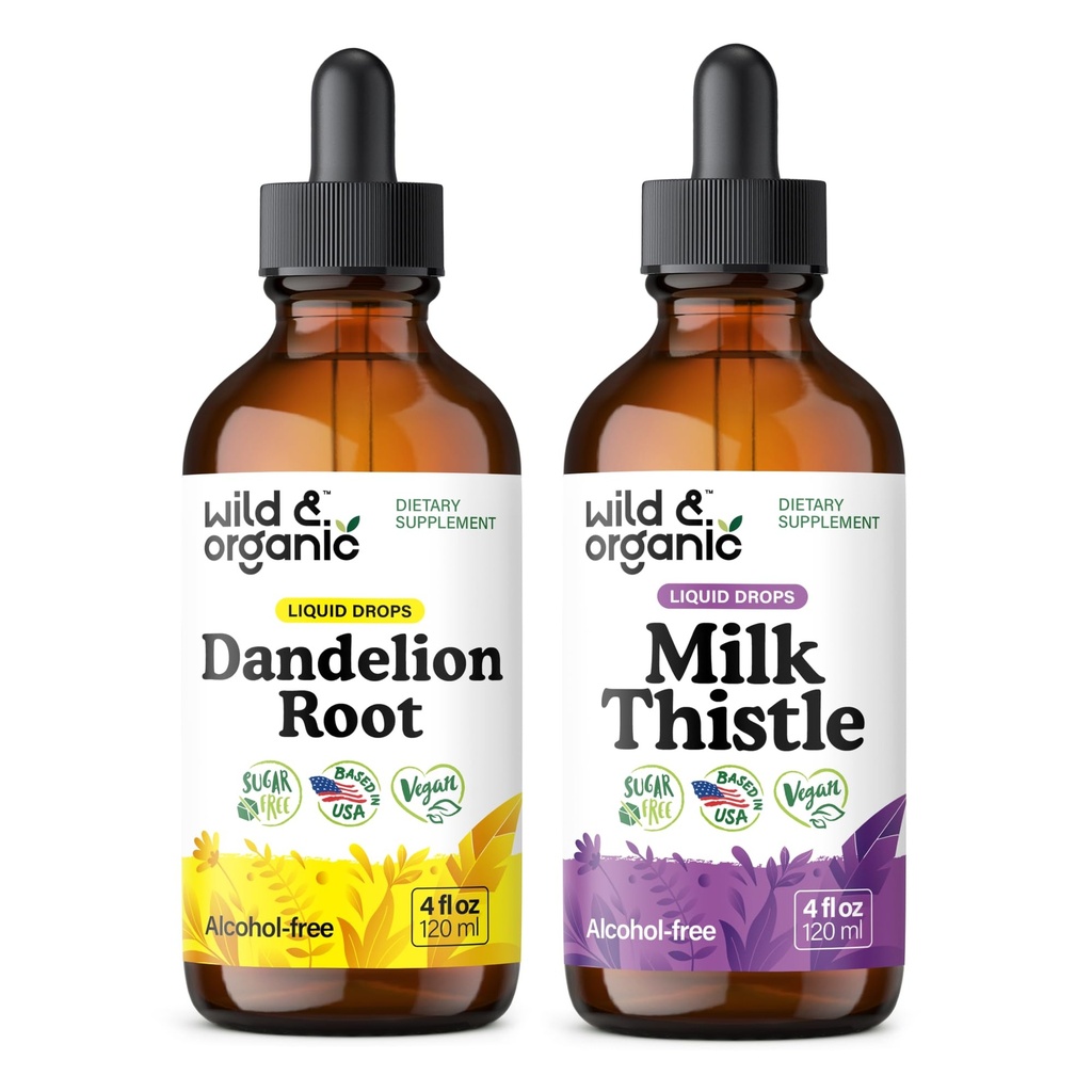 Wild & Organic Pampelion Root Tincture & Milk Thistle Tincture 4 fl oz - Játra Cleanse Detox Support - Pampelion Root Extract Drops - Mléko Thistle Dodatek - No Cukr & Alkohol