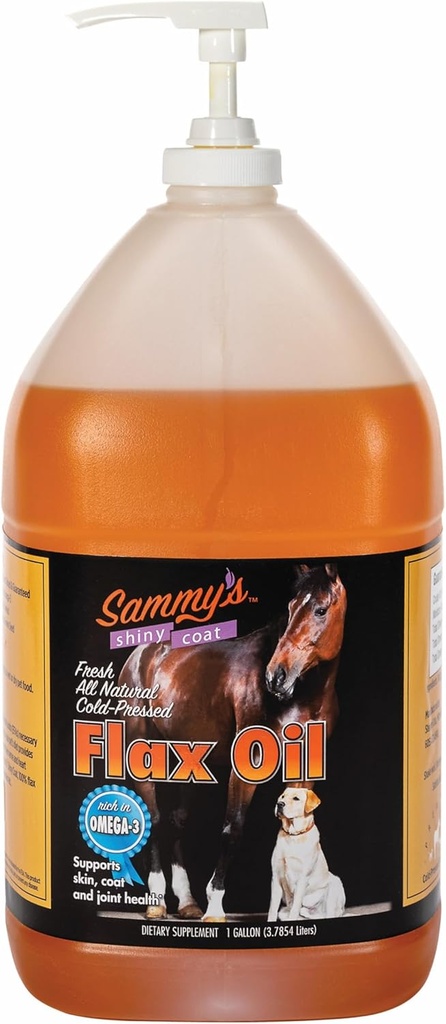Sammyho Shiny Coat Flax Oil pro koně, čistý Flaxseed Oil pro koně, bohatý na Omega-3 mastné kyseliny, Flax Oil Horse dodatek pro pleť a kabát, imunitní, kardio a společná podpora, 1 Gallon s volným čerpadlem