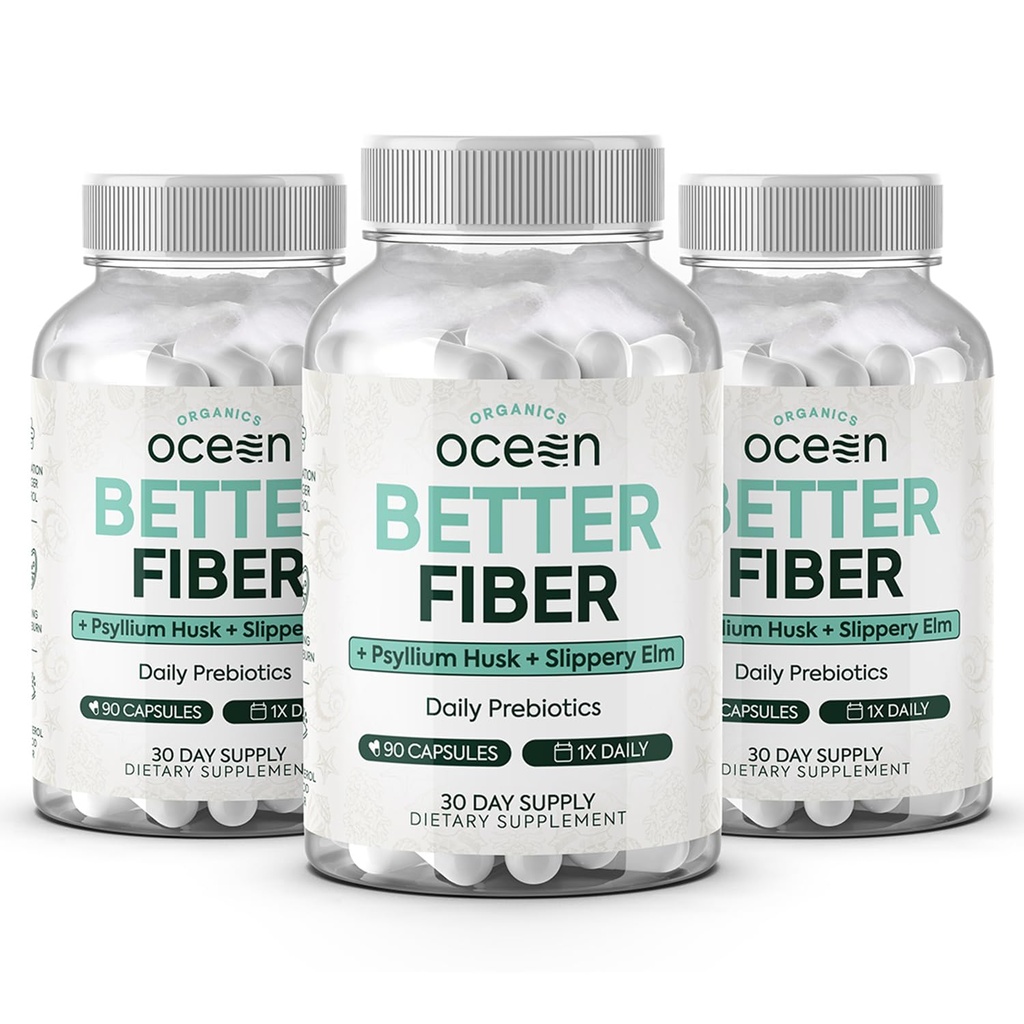Organics Ocean Better Fiber - Daily Fiber Supplement - Soften Stool for Efforeless Bowel Movements - with Psyllium Hulk and Slippery Elm - 3 Lahve