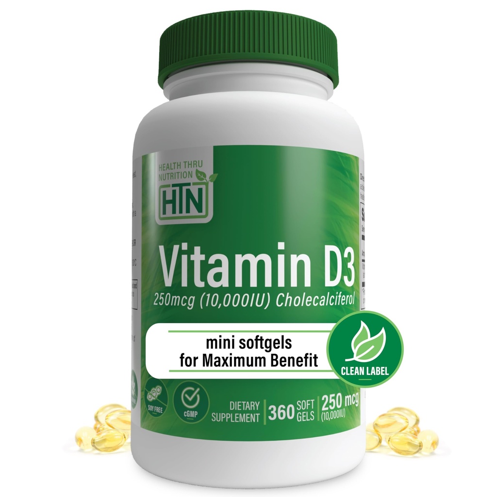Zdraví Thru Nutrition Vitamin D3 10,000iu 360 Mini Softgels pro maximální přínos rok Dodávka 124; 250mcg Cholekalciferol 124; 3. strana Testováno 124; Non- GMO USP Stupeň organického EVOO 124; Podpora imunitního zdraví