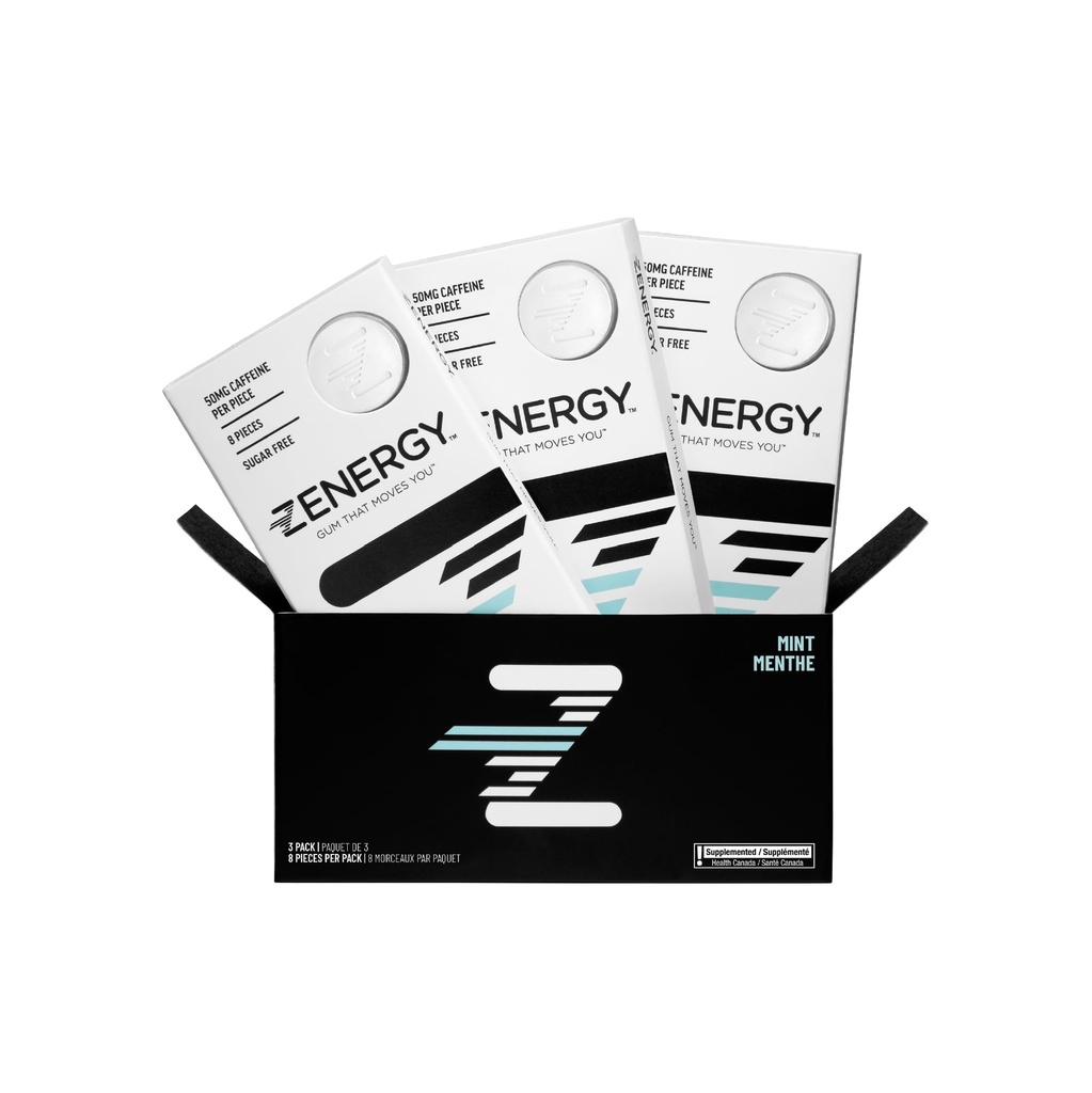 ZENERGY Energy Gum - Mint Flavor OF 124; 50mg Caffeine + 35% B6 a 45% B12 Vitamin OF 124; Vegan, 0 Cukr, 0 Calories, 0 Gluten, 0 Aspartam, Non- GMO, Instant Action OF 124; 3 Pack = 24 Počet balení