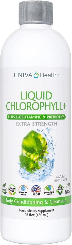 Eniva Health Liquid Chlorofyl Super Zelených 124; 24K MG s Prebiotic & L-Glutamin CLAS124; Mint Flavor CLAS124; Kůže, imunita, Energie, Detox, Gut Health CLAS124; Vegan, Gluten & Alkohol- Free CLAS124; 48 Servings CLAS124; USA Made