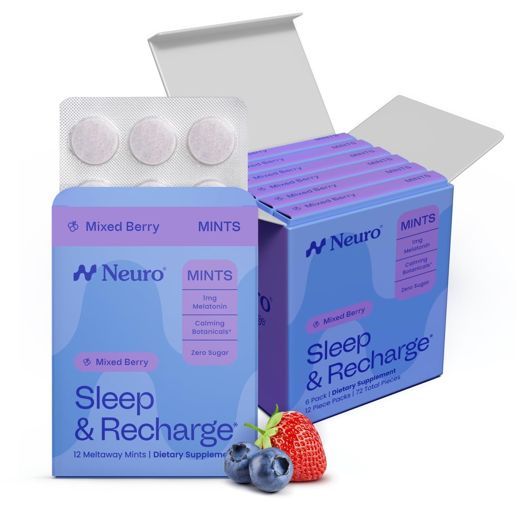 Neurogum Sleep & Recharge Membage Mints S124; 1mg Melatonin + Heřmánek + Elderberry + Lemon Balm + Vášeň Květina S124; Přírodní cukr Volný odpočinek a relaxační dodatek (Smíšené Berry, 72 Kusy)