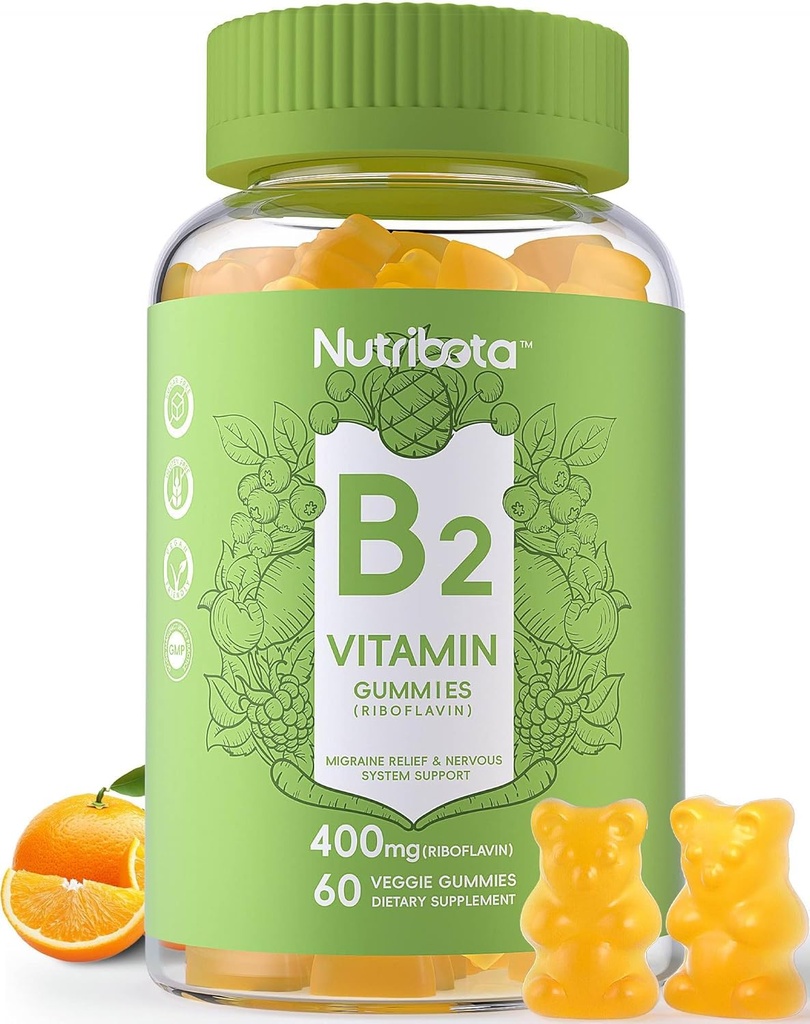 Bezcukrový vitamín B2 Gummies - Riboflavin 400mg 200 mg s hořčíkem, CoQ10 pro dospělé a děti, Vegan, 60 Počet