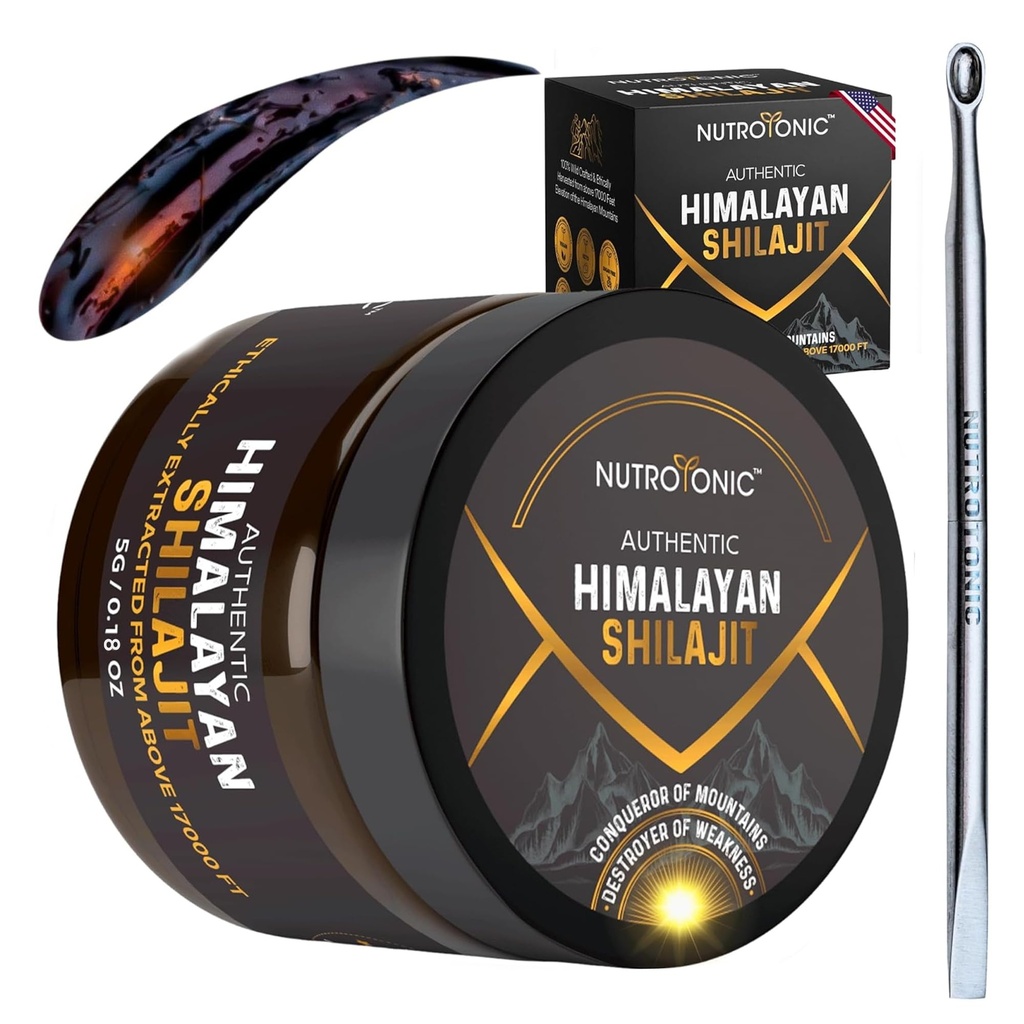 NutroTonic ® Authentic Himalayan Shilajit Resin for men & Women - Gold Grade 86% Fulvic Acid - Wild Craft + 17000 FT - 40x Nanofiltrovaný a sušený - 3.strana Lab Tested - 5g Jar