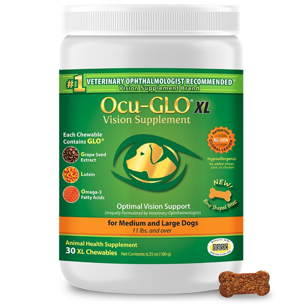 Ocu-GLO Cat & Dog for Eye Support - Žvýkací doplněk pro velkou a malou péči o zvířata s luteinem, Omega-3 mastné kyseliny, hroznový extrakt a antioxidanty 30 XL Žvýkačky