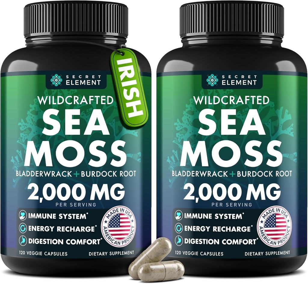 Mořské kapsle - Irský Moss Moss Pokročilý s Burdock Root, Bladderwrack & Muira Puama pro imunitu, Gut, & Energy - Superfood Moss Moss doplňky w / Syrový Moss Moss Powder (2 Pack)