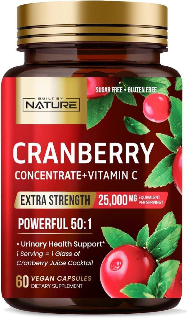 Postaven přírodou Cranberry pilulky 25,000mg - Extra síla 50: 1 Koncentrovaný extrakt s vitaminem C - Močový Trakt Zdravotní dodatek pro ženy - Non- GMO, Cukr zdarma, Vegan - 60 Kapsle