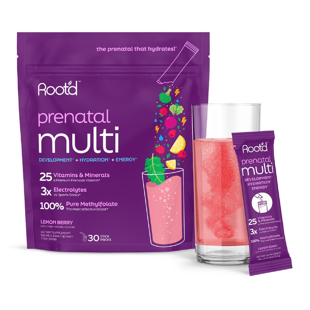 Root 'd Prenatal Multivitamin Powder - 25 Vitamíny & Minerály s 3x Electrolytes, Folát, Železo, D3 pro mámu & Baby, 7 Superfood & Probiotika, Sugar- Free Vitamíny & Hydratace 124; 30 Vitamin Drink Packets