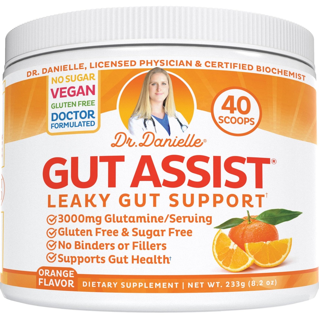Leaky Gut Support Powder 124; L- Glutamin Gut Lining Formule Found 124; Gut Assist by Dr. Danielle, Orange Flavor