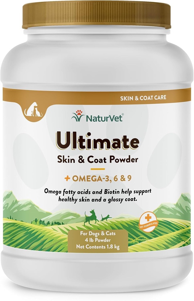 NaturVet Ultimate kůže & coat Powder Pet dodatek pro psy & kočky - Zahrnuje Omegas 3, 6, 9, Biotin, Vitamíny - Pro zdravé psí kabáty, Kočka kůže - Chutné jídlo Topper pro domácí zvířata - 4 libry.