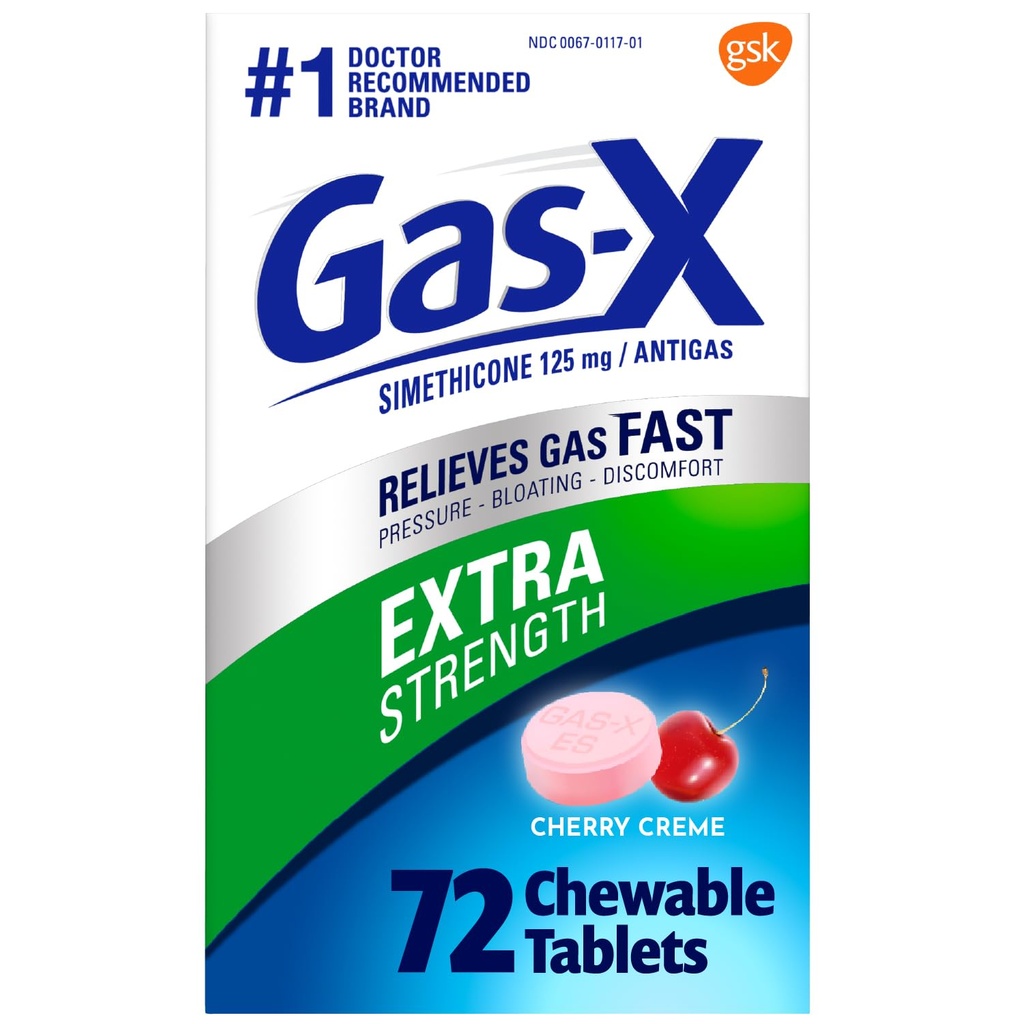 Gas- X Extra Strength Chewable Gas Relief Tablets with Simethicone 125 mg for Bloating Relief, Cherry - 72 Count