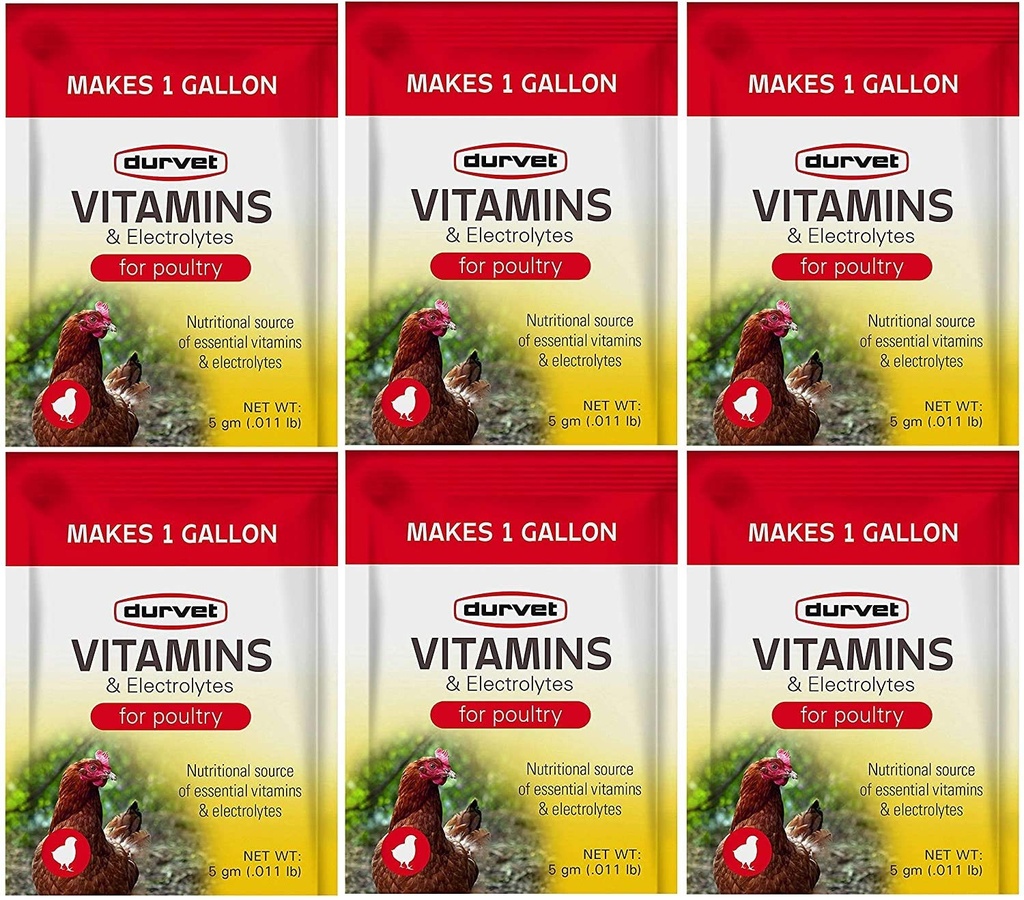 Durvet 6 balení vitaminů a elektrolytů pro drůbež, 5 gramů, dělá 6 galonů