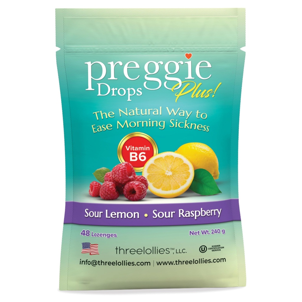 Preggie Pop Drops Plus Fortified with Vitamin B6 - Morning Nemoci Relief Fortified with Vitamin B6. Preggie Pops for Relief for těhotných žen Candy Drops. Sour Malina & Sour Lemon 48 Počet