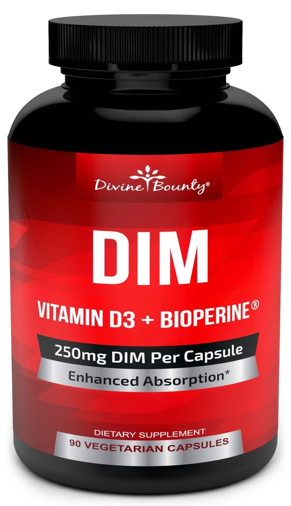 DIM dodatek 250mg s vitaminem D3 Plus BioPerine - Diindolylmethan Menopauza & Podpora estrogenu, Hormonová rovnováha podpora pro ženy a muže - 90 Vegetariánské Caps
