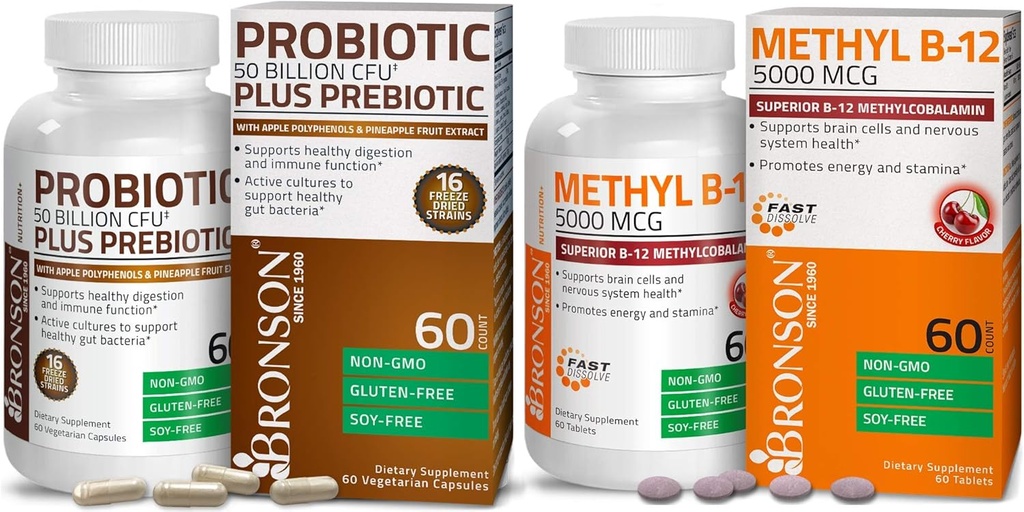 Bronson Probiotic 50 miliard CFU + Prebiotic s jablečným polyfenolem a ananasovým ovocným extraktem + methyl B12 5000 mcg vitamin B12 methylkobalamin