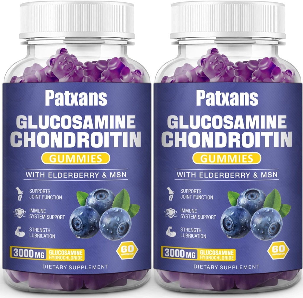 2 Balení 3000MG Glucosamine Chondroitin Gummies - Extra Strength Joint Health & MSM Elderberry Natural Joint Supplement, Flexibility, Antioxidant Imunitative Support for Adult, 120 Gummies.