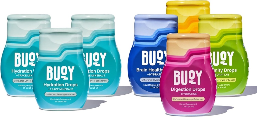 Buoy Electrolyte Drops Variety Pack Bundle 280 Servings CU124; No Sugar, No Sweeteners CU124; Dietian Doporučené cU124; Stopy Minerály CU124; Záměrně bezochucené Přidat do jakéhokoliv nápoje