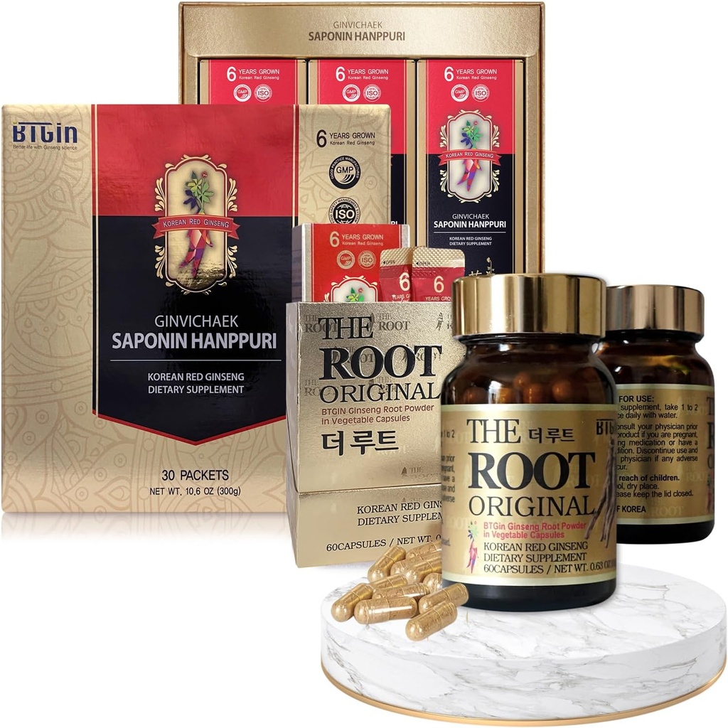 Korean Red Ginseng Extract 3000mg a kapsle Bundle - Saponin Hanppuri + The Root Original - Přírodní energetické doplňky pro imunitní podporu, Stress Relief, Focus & Mental Clarity with Ginsenoside Rg3