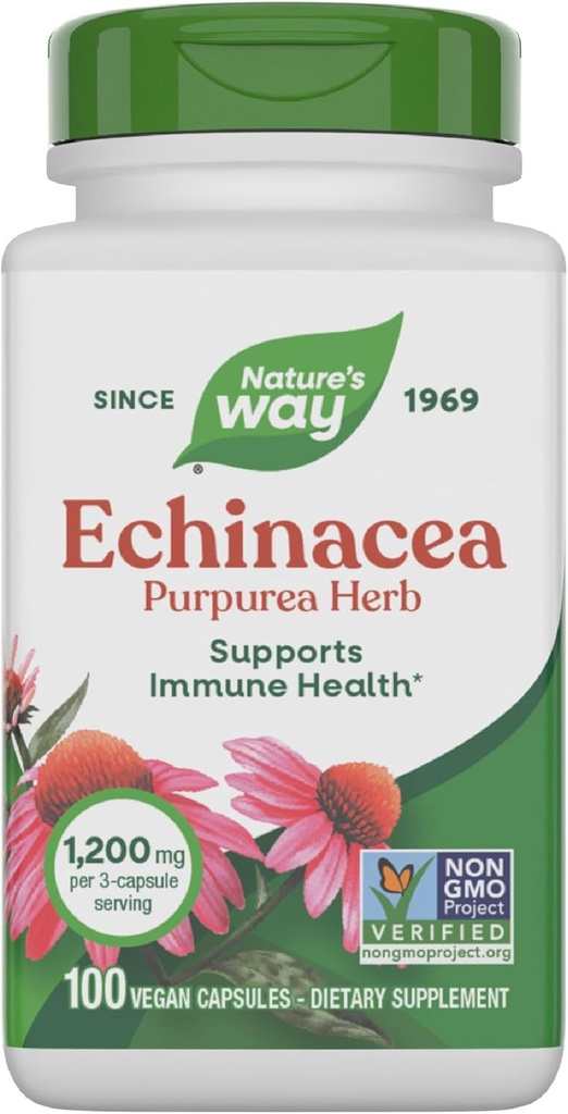 Nature 's Way Echinacea Purpurea Herb, Immunní Supplement *, 1200 mg / 3- kapsle sloužící, Non-GMO Projekt ověřený, Vegan, 100 Kapsle (Balení květen Vary)