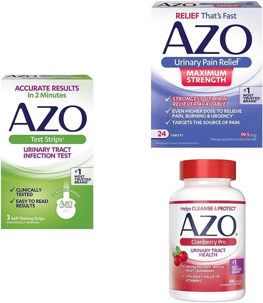 AZO UTI Pain Relief Bundle - AZO UTI Test Strips 3ct, AZO Urinary Pain Relief Max Strength 24ct, AZO Cranberry Pro Dodatek 100ct