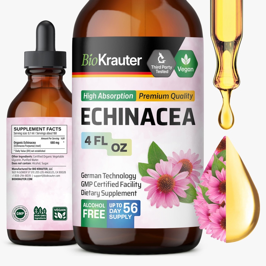 BIO KRAUTER Echinacea Drops - Přírodní imunitní podpora - Echinacea Tincture Dodatek - Vegan, Alkohol & Sugar Free Drops - 4 Fl.Oz.