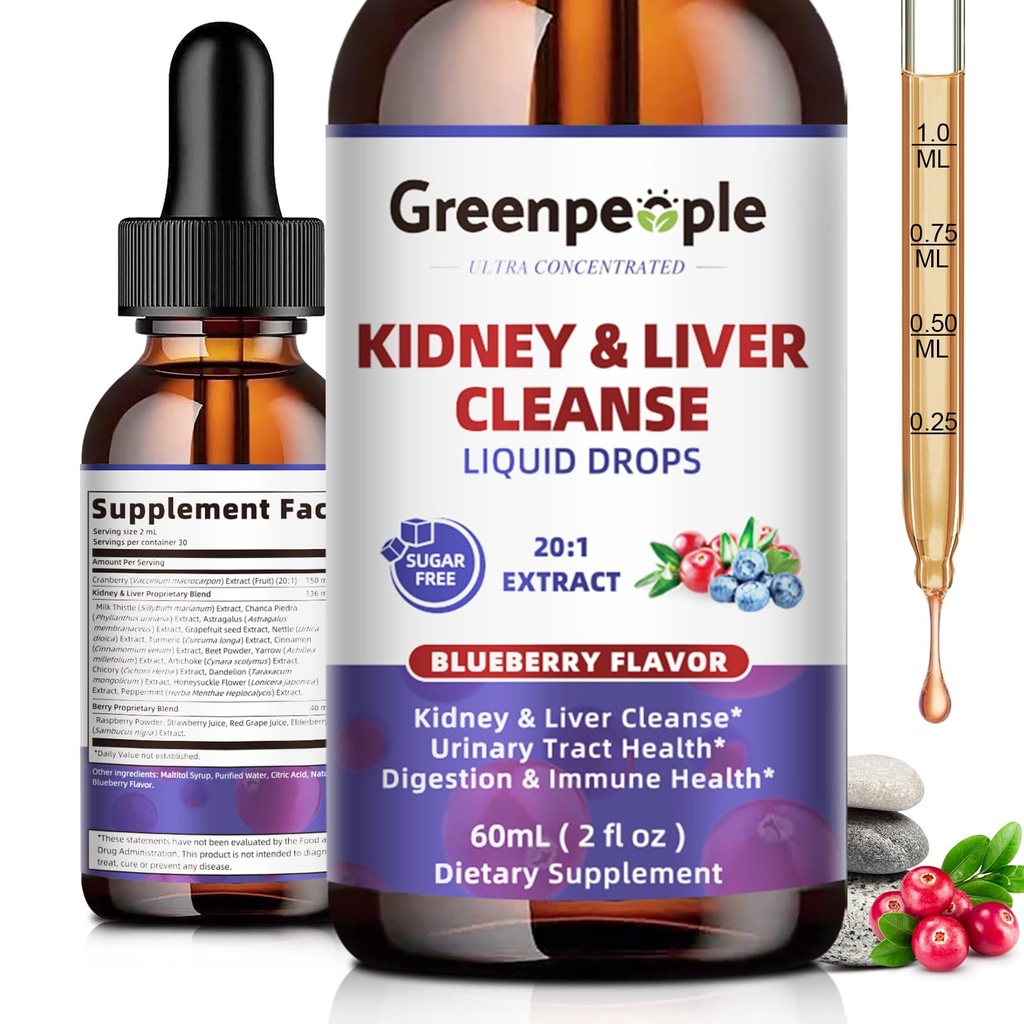GREENLIONS Ledviny Cleanse Detox & Opravy - 27- In-1 Ledviny & Játra Kapky s 20: 1 Cranberry Extract & Chanca Piedra, Alkoholicko-Volný dodatek pro močení Tract & Podpora jater (2 Oz 1 Pack, Blueberry)