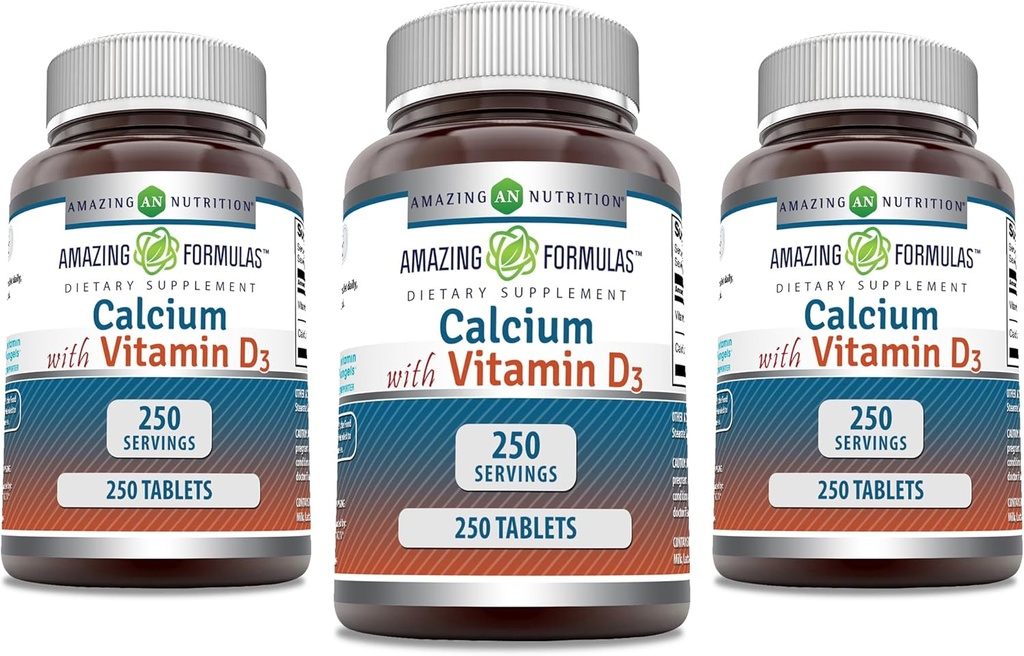 Úžasné množství vápníku s vitaminem D3 dodatek 124; Tablety CLAS124; Non- GMO CLAS124; gluten- Free CLAS124; Made in USA (3 balení, 250 Počet)